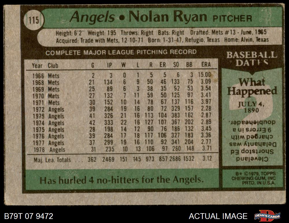 1979 Topps #115 Nolan Ryan Angels HOF PSA 8 - NM/MT 19A 00 0337