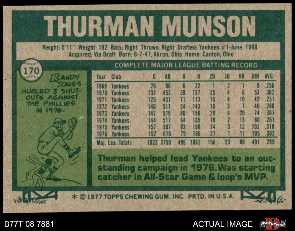 1977 Topps #170 Thurman Munson 7 - NM