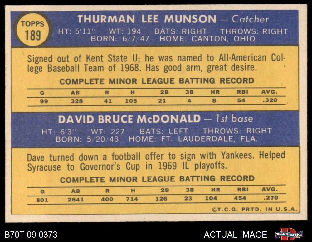 1970 Topps #189 Thurman Munson New York Yankees Rookie Baseball Card Ex+