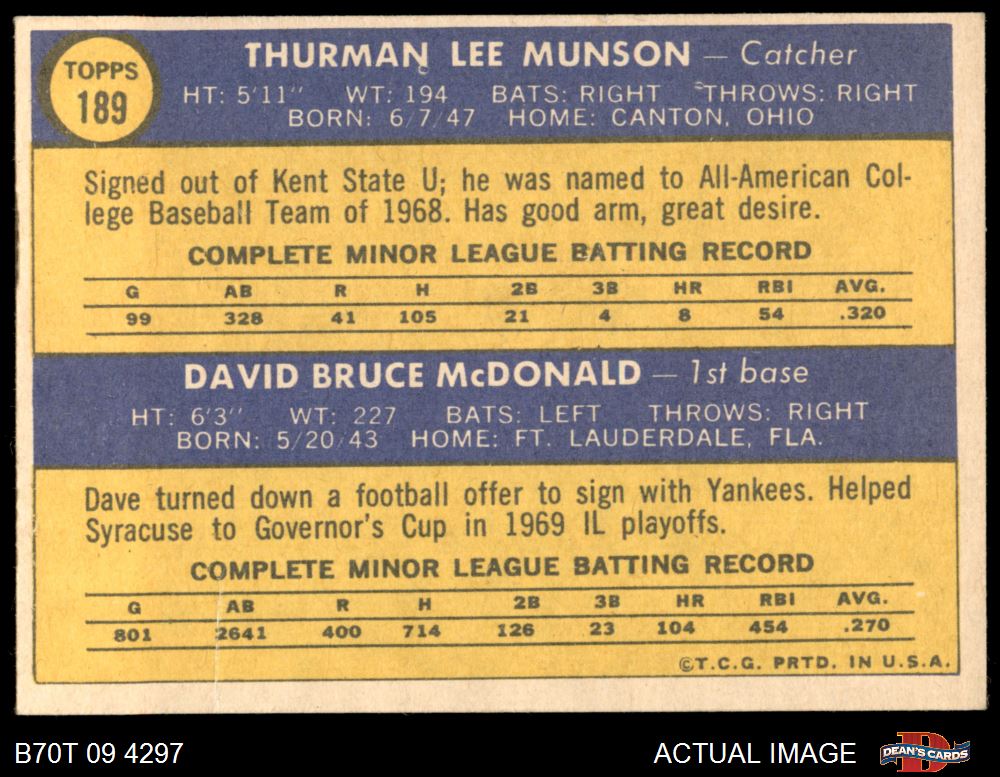  1970 Topps # 189 Yankees Rookies Thurman Munson/Dave McDonald  New York Yankees (Baseball Card) PSA PSA 4.00 Yankees : Collectibles & Fine  Art