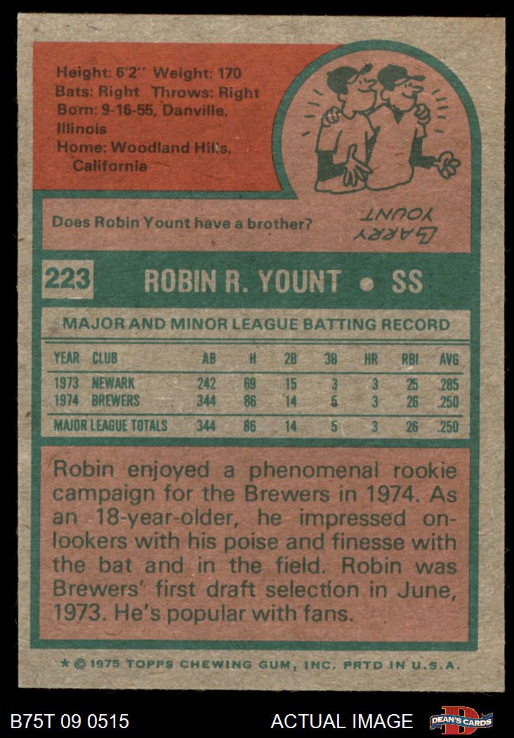 Robin Yount Autographed 1975 Topps Rookie Card #223 Milwaukee