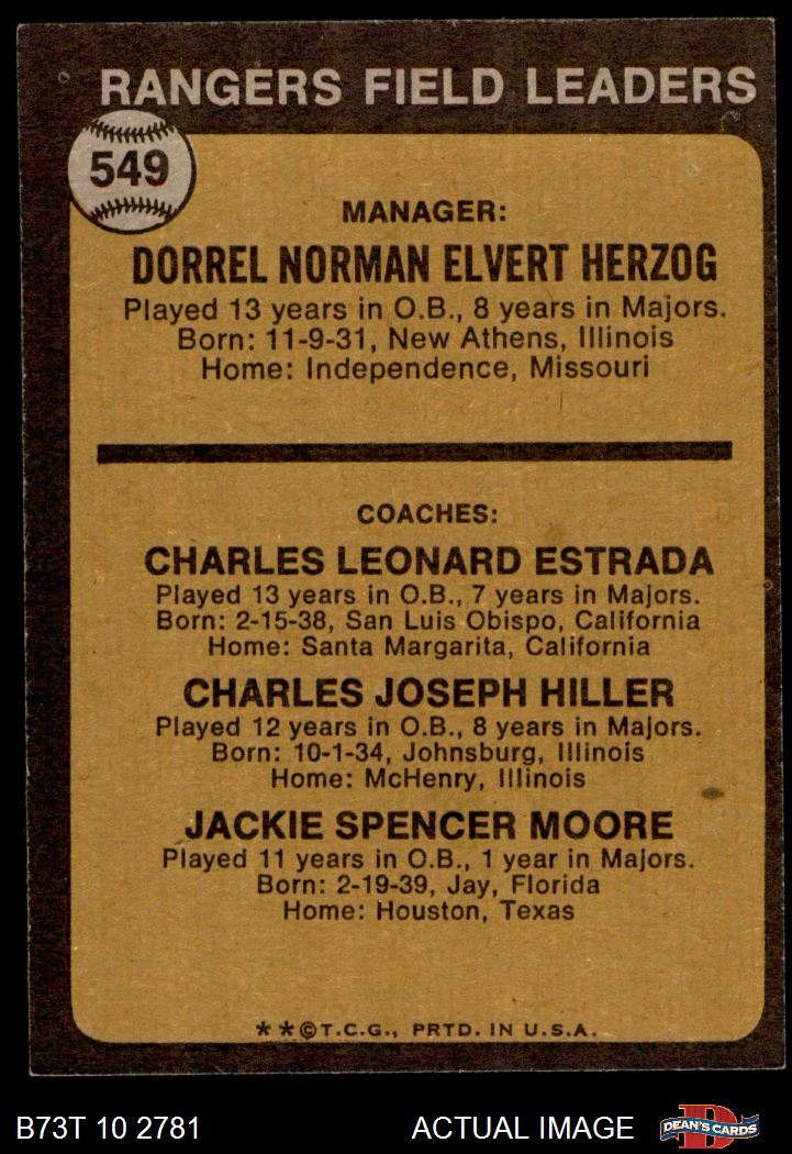 1973 Topps #549 - Whitey Herzog / Chuck Estrada / Chuck Hiller / Jackie  Moore Rangers Leaders 3 - VG
