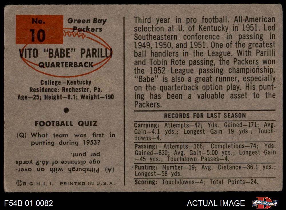 1954 Bowman #10 Babe Parilli Packers Kentucky 2 - GOOD - Picture 3 of 9