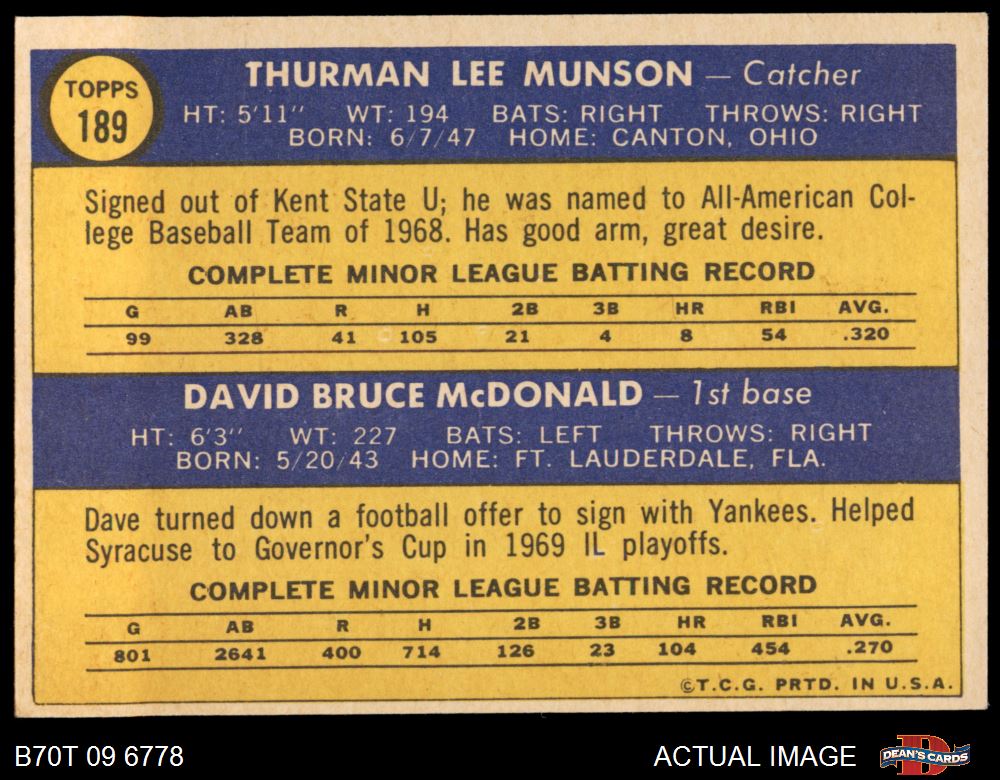 Sold at Auction: (EX+) 1970 Topps Thurman Munson Rookie #189 Baseball Card  - New York Yankees
