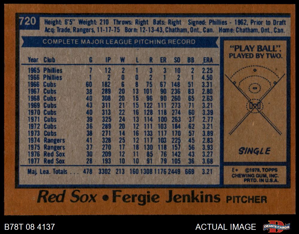  1978 Topps #720 Fergie Jenkins Boston Red Sox MLB