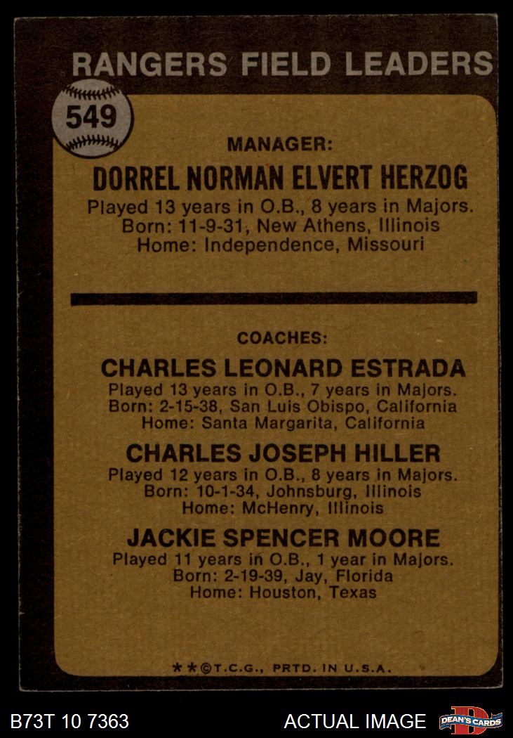 1973 Topps #549 - Whitey Herzog / Chuck Estrada / Chuck Hiller / Jackie  Moore Rangers Leaders 3 - VG