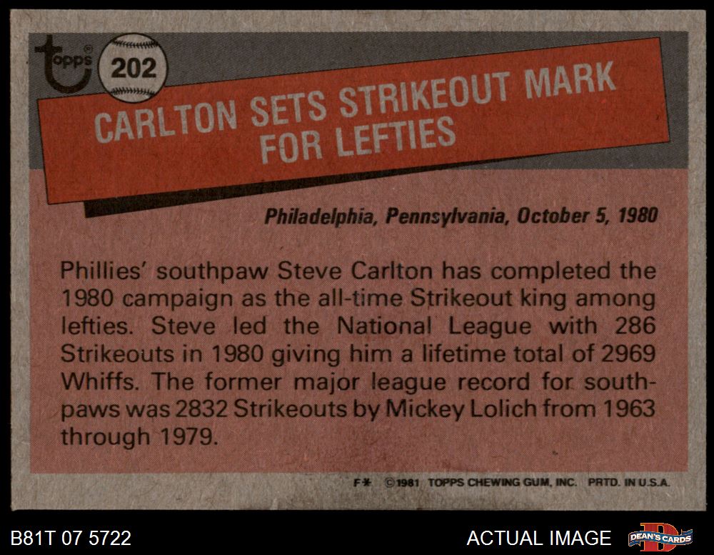 1981 Topps Steve Carlton 1980 Record Breaker Philadelphia