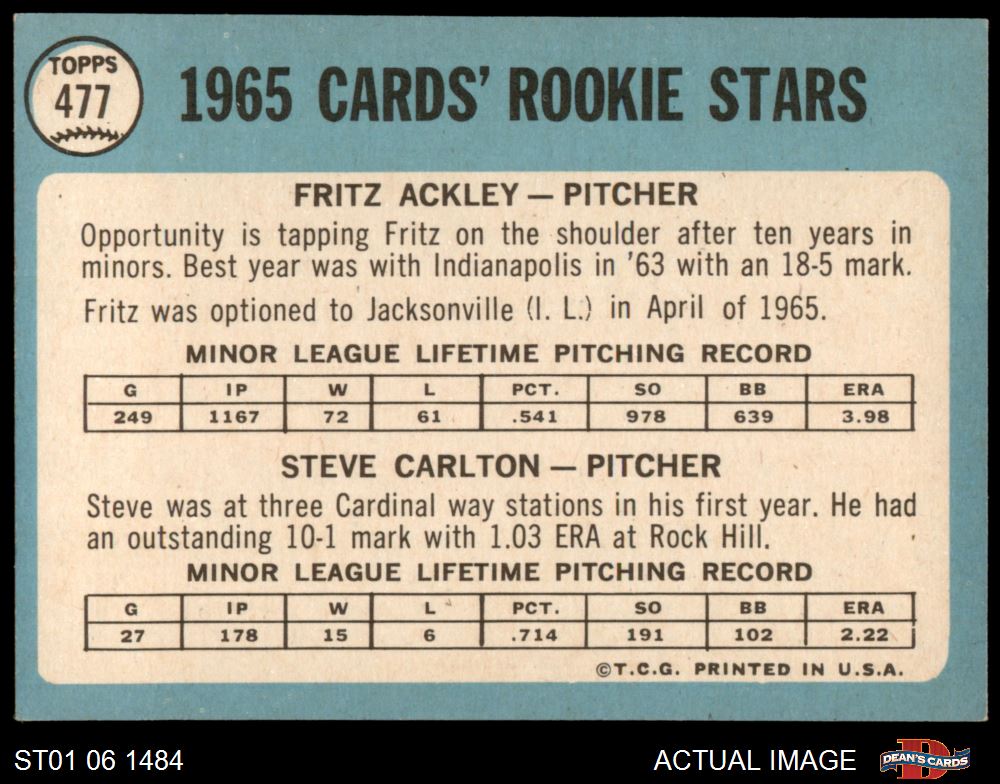 Steve Carlton 1965 Rookie Card Topps Baseball 477 PSA EX-MT 6