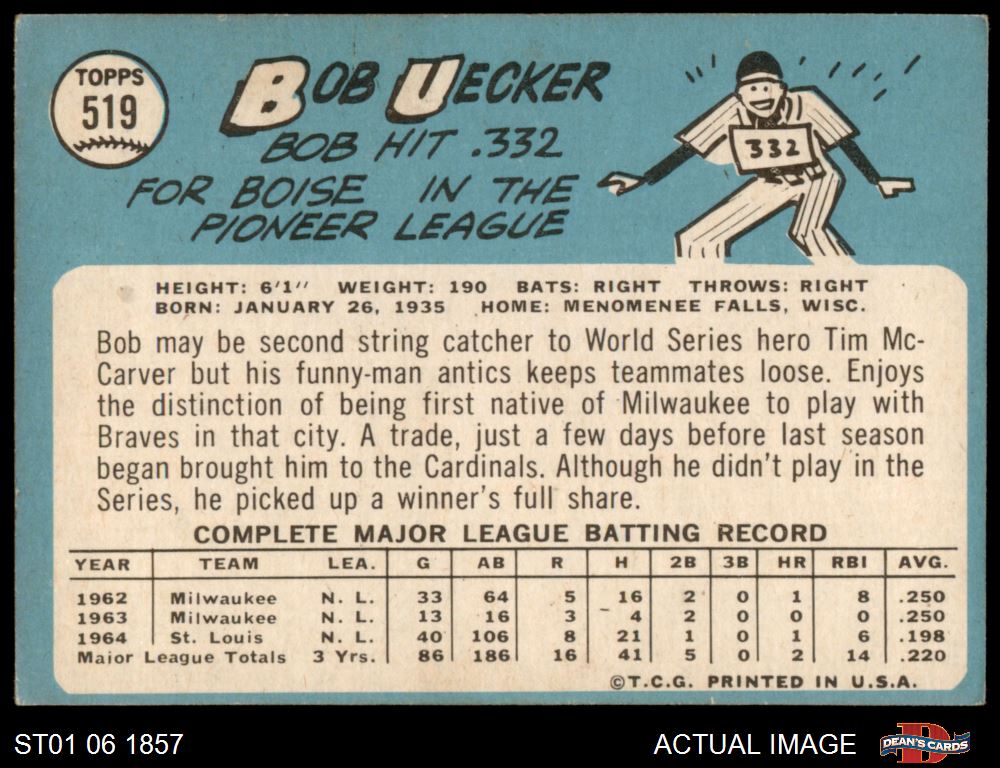 1965 Topps #519 Bob Uecker Cardinals HALL-OF-FAME 4 - VG/EX B65T 10 7066