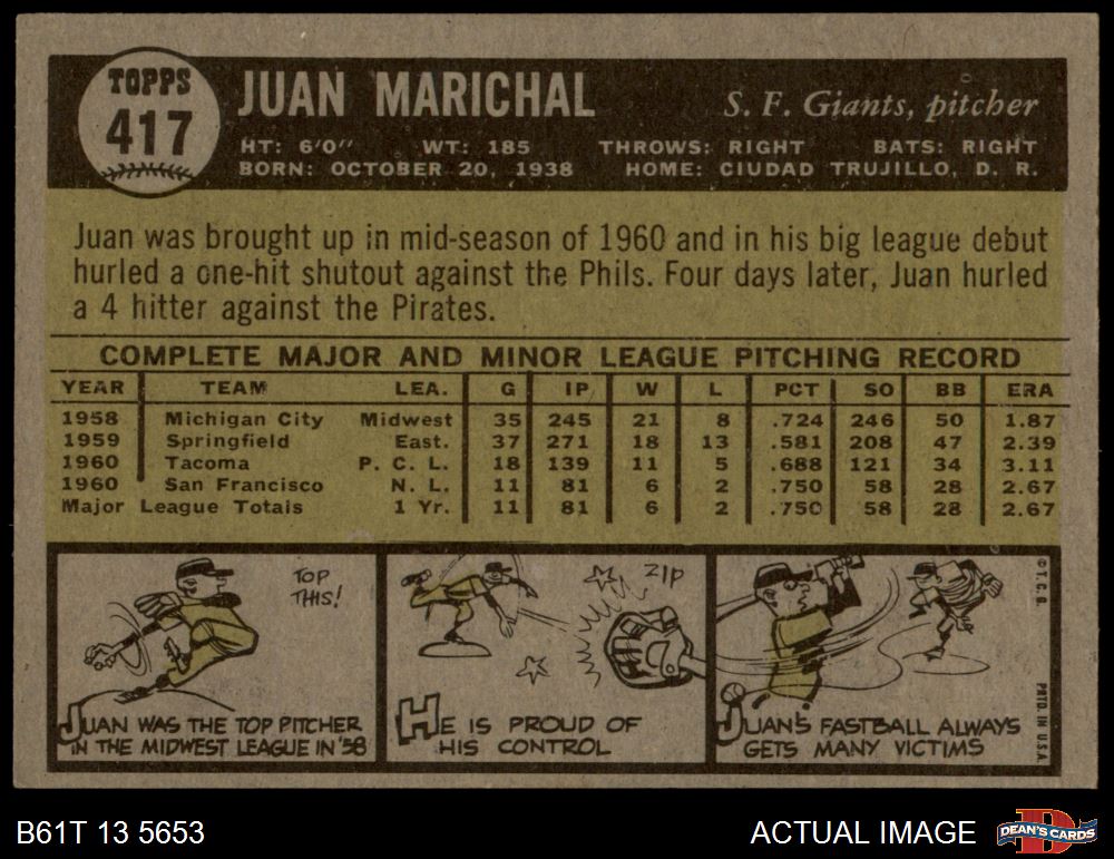 1961 Topps #417 Juan Marichal ROOKIE SHORT PRINT [#] (Giants)