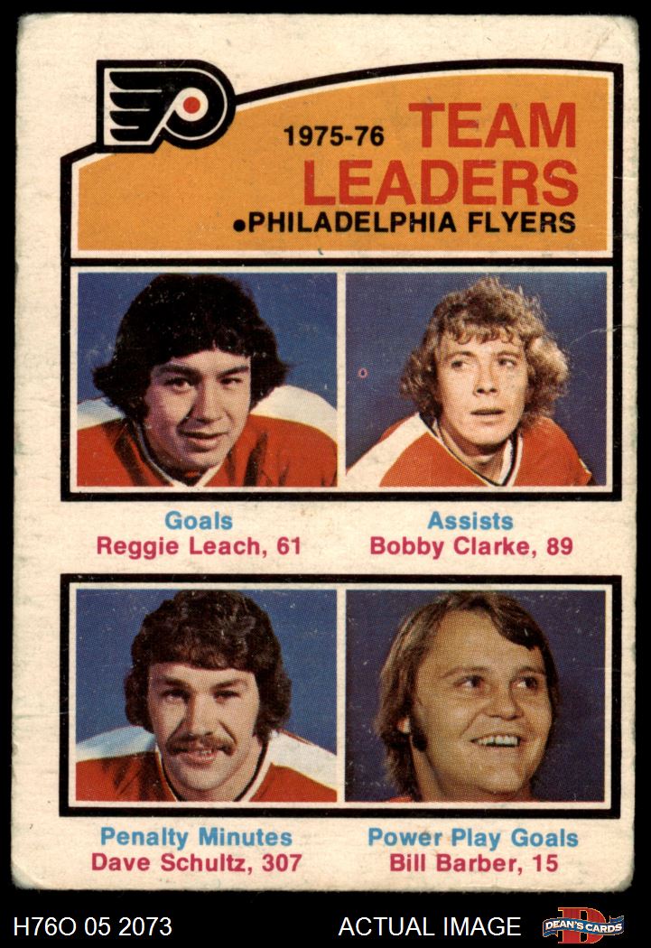 1976-77 O-Pee-Chee Flyers Leaders #391 Signed By (4) with Reggie Leach, Bob  Clarke, Dave Schultz & Bill Barber (BGS, Autograph Graded 10)