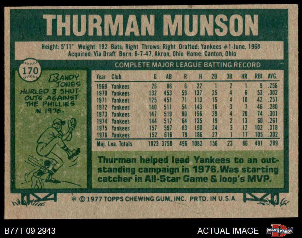 1977 Topps #170 Thurman Munson - EX-MT at 's Sports Collectibles Store