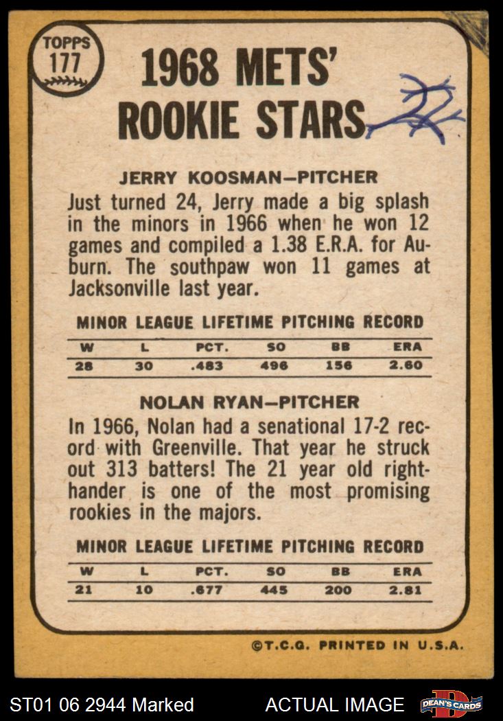 1968 Topps #177 Nolan Ryan Mets RCs A RC HOF COMMON VARIATION 1 - POOR - Picture 3 of 9