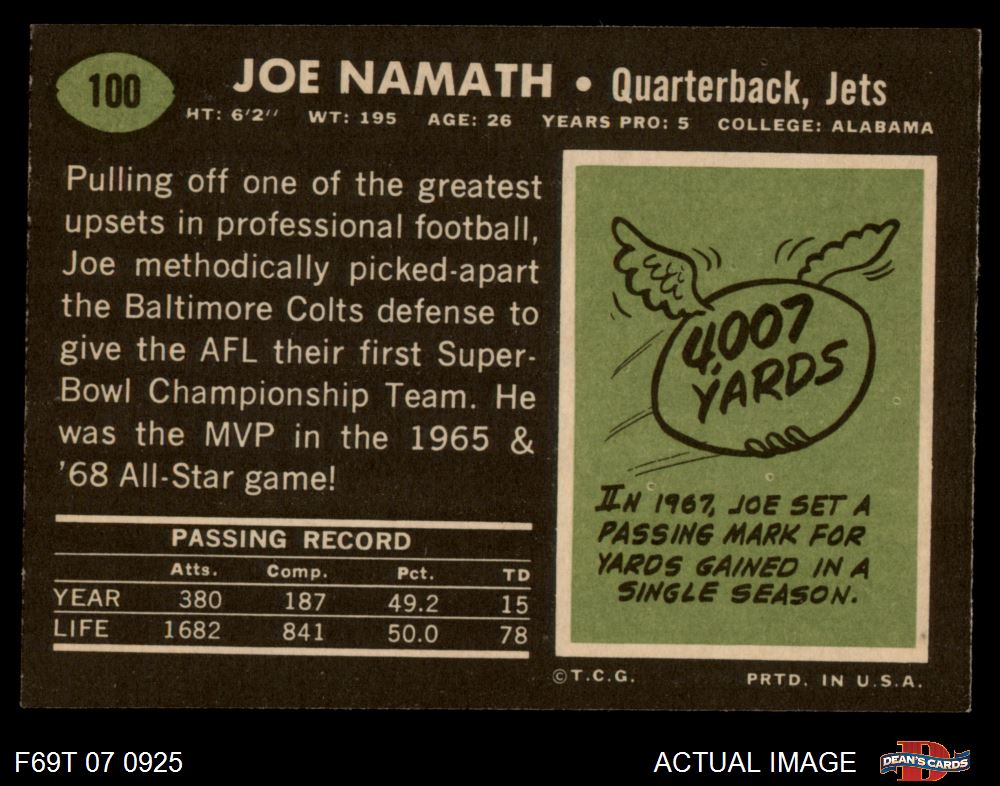 : Football NFL 1969 Topps #100 Joe Namath miscut NY Jets