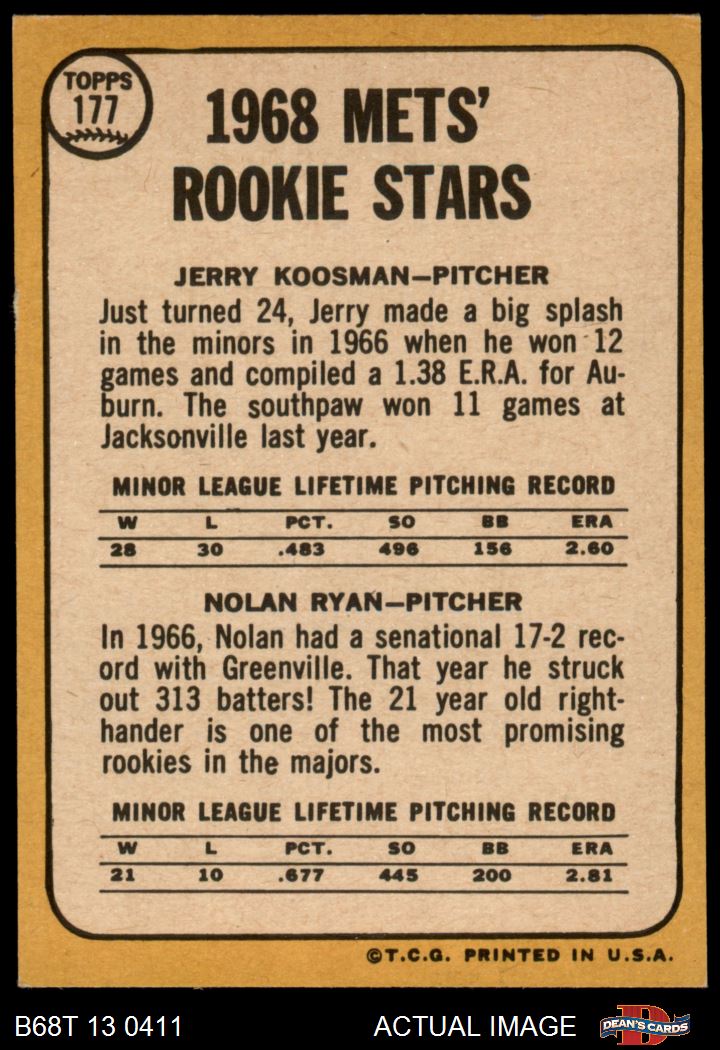  Nolan Ryan/Jerry Koosman (New York Mets) 1968 Topps Baseball  #177 RC Rookie Card - PSA 4 (G) : Collectibles & Fine Art