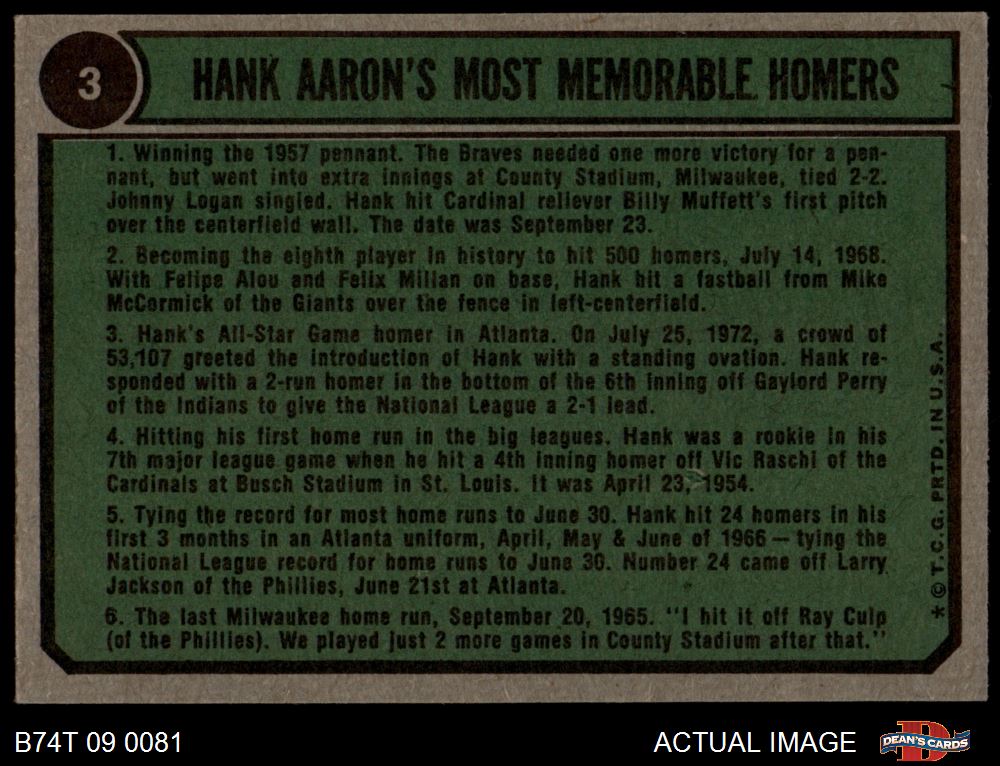 1974 Topps Hank Aaron (Aaron Special 1958-61)