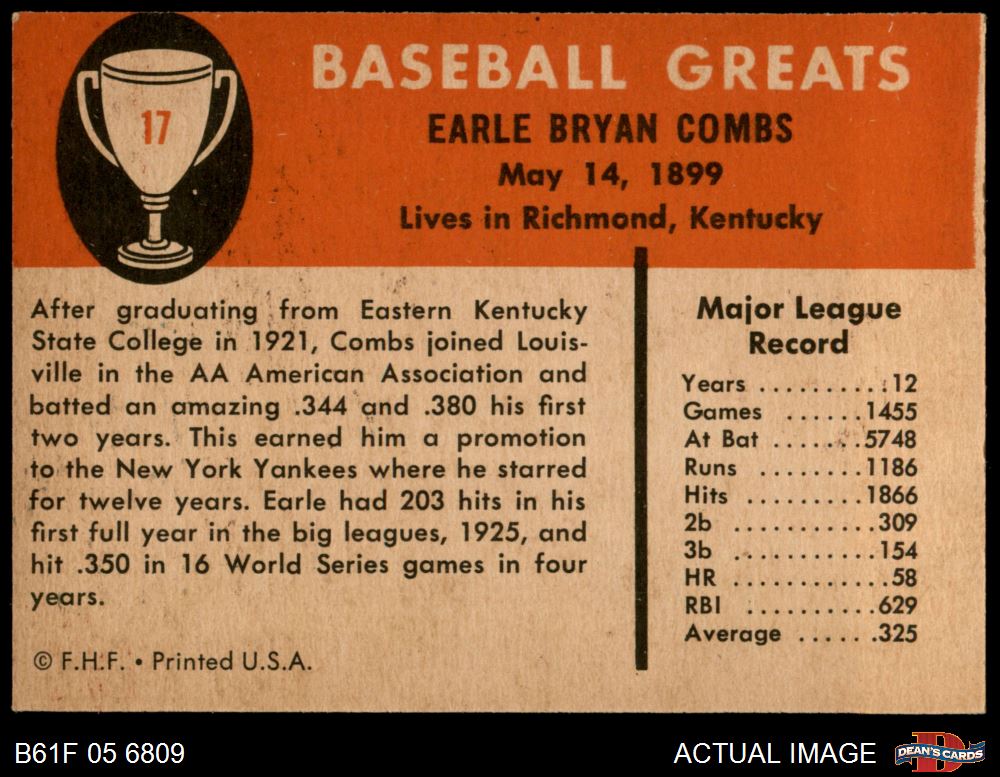 1961 Fleer #17 Earl Coombs Combs Yankees HOF 2 - GOOD - Picture 7 of 9