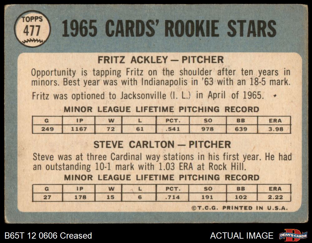 1965 Topps #477 Steve Carlton / Fritz Ackley Cardinals RCs RC HOF 2 - GOOD - Picture 7 of 29