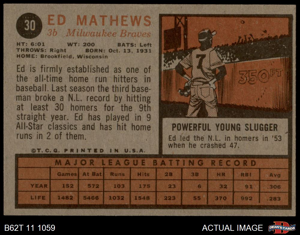 1962 Topps #30 Eddie Mathews Braves HOF 5 - EX