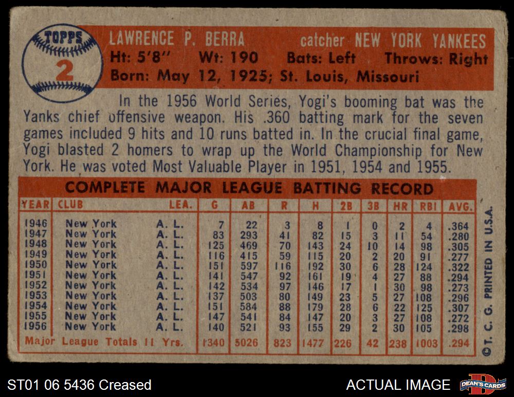 1957 Topps #2 Yogi Berra Yankees HOF 1 - POOR - Picture 7 of 13