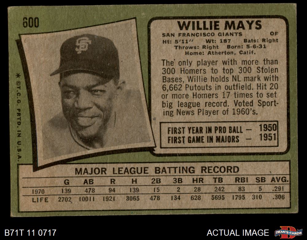 1971 Topps #600 Willie Mays Giants HOF 1.5 - FAIR - Picture 3 of 17