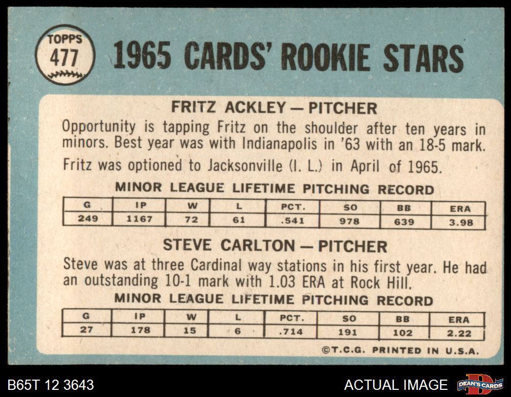 1965 Topps #477 Steve Carlton / Fritz Ackley Cardinals RCs RC HOF 2 - GOOD - Picture 15 of 29