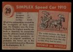 1954 Topps World on Wheels #29   Simplex Speed Car 1910 Back Thumbnail