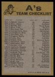 1974 Topps Red Team Checklist   Athletics Team Checklist Back Thumbnail