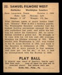 1940 Play Ball #22  Sammy West  Back Thumbnail