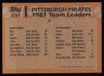 1988 Topps #231   -  Barry Bonds / Bobby Bonilla Pirates Leaders Back Thumbnail