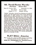 1939 Play Ball Reprint #120  Rabbit Warstler  Back Thumbnail