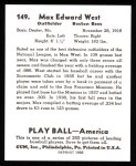 1939 Play Ball Reprint #149  Max West  Back Thumbnail