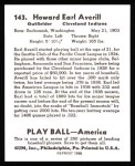 1939 Play Ball Reprint #143  Earl Averill  Back Thumbnail