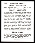1940 Play Ball Reprint #157  Louis Chiozza  Back Thumbnail