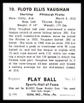 1941 Play Ball Reprint #10  Arky Vaughan  Back Thumbnail