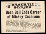 1961 Nu-Card Scoops #419   -   Mickey Cochrane  Bean Ball Ends Career Back Thumbnail