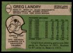 1978 Topps #316  Greg Landry  Back Thumbnail