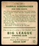 1933 Goudey #129  Hal Schumacher  Back Thumbnail