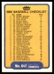 1982 Fleer #647   Yankees / Dodgers Checklist Back Thumbnail