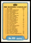 1982 Fleer #655   Royals / Braves Checklist Back Thumbnail
