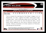 2012 Topps #40  Tom Milone  Back Thumbnail