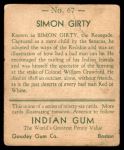1933 Goudey Indian Gum #67  Simon Girty   Back Thumbnail