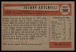1954 Bowman #208 Johnny Antonelli Back Thumbnail
