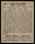1939 Play Ball #104  Tommy Bridges  Back Thumbnail