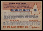 1953 Johnston Cookies #18  George Crowe   Back Thumbnail