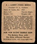 1948 Bowman #6 Yogi Berra Back Thumbnail
