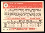 1952 Topps REPRINT #70  Al Zarilla  Back Thumbnail