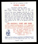 1949 Bowman REPRINT #107  Eddie Lake  Back Thumbnail