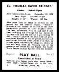 1941 Play Ball Reprint #65  Tommy Bridges  Back Thumbnail