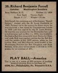1939 Play Ball #39  Rick Ferrell  Back Thumbnail